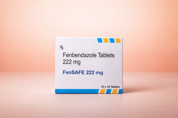 Box of Fenbendazole Tablets on gradient background